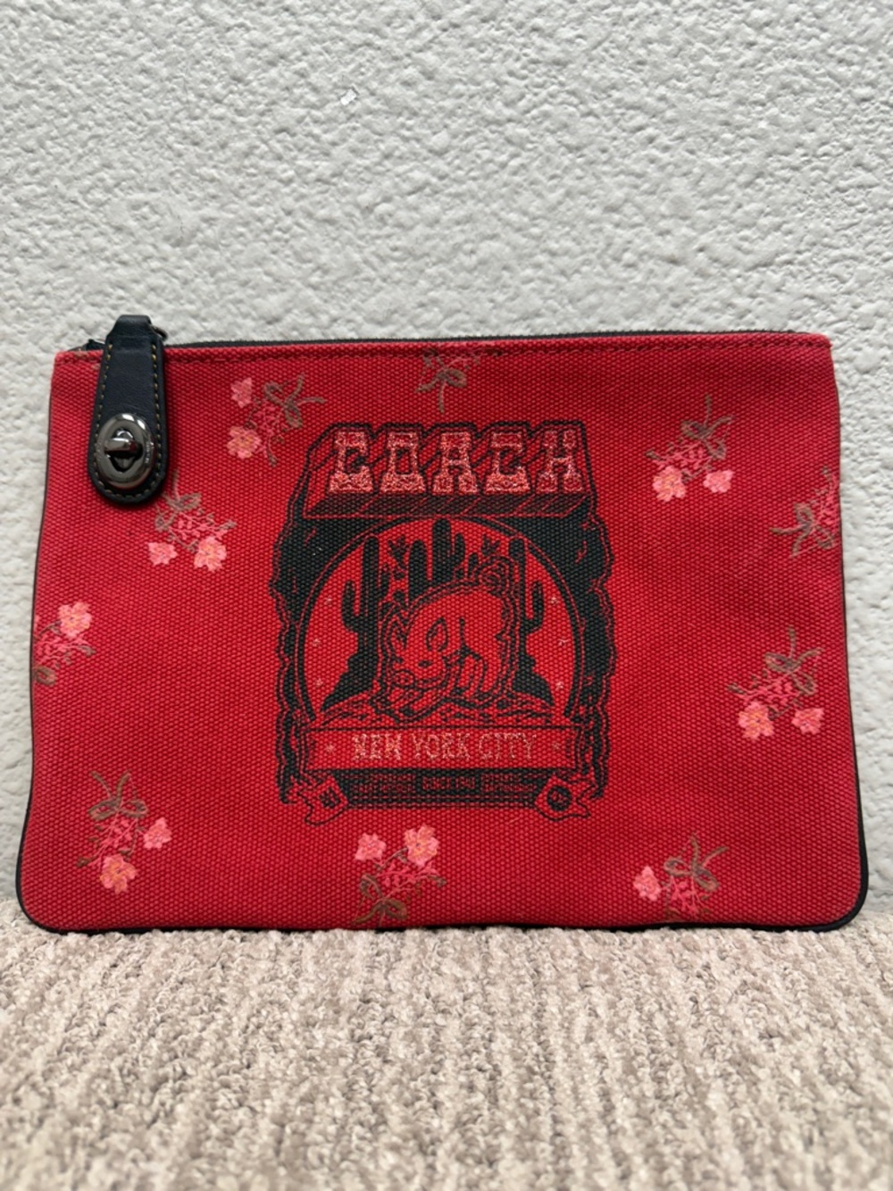 Coach lunar New Year Pig Red Canvas Zip Pouch with Floral Graphic- NWOT
